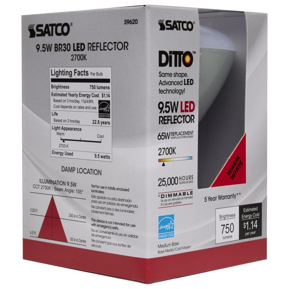 SATCO S9620 9.5 Watt 120 Volt BR30 Reflector LED Bulb 2700K Warm White Dimmable (6 LED Light Bulbs)