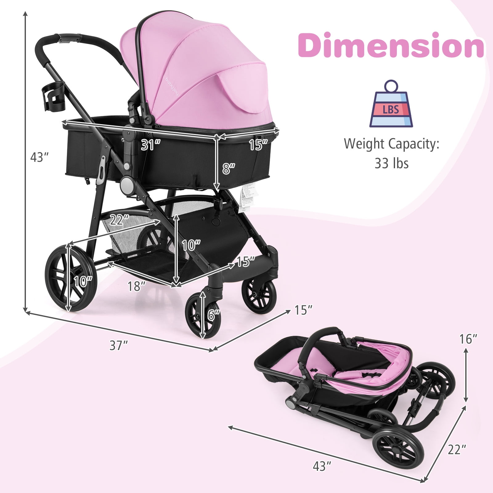 Babyjoy 2 in 1 Foldable Baby Stroller Kids Travel Newborn Infant Buggy Pushchair 22 lbs Pink