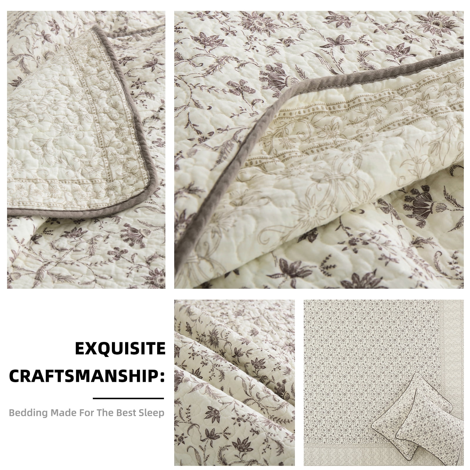 PANGUSHAN 100% Cotton Quilt King Size, King Quilt Bedding Set Quilted Bedspreads, Lightweight Reversible Floral Comforter for King Bed, All Season, Beige/Brown, 3 Pieces