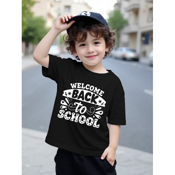Boys' Welcome Back to School Graphic T-Shirt - Black Short Sleeve Crew Neck, Casual Summer Top with Colorful Lettering and Stars, Perfect for Back to School Outfits, Youngsters'S Casual Wear | Playfu
