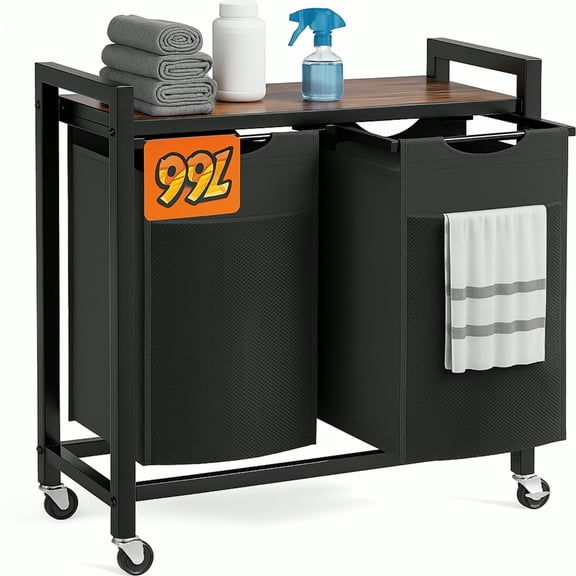 Laundry Sorter Hamper with 2 Removable Bags, Clothes Basket with Shelf and Wheels, Rolling Laundry Cart Organizer for Bathroom, Bedroom, Laundry Room, 99L Capacity, Black