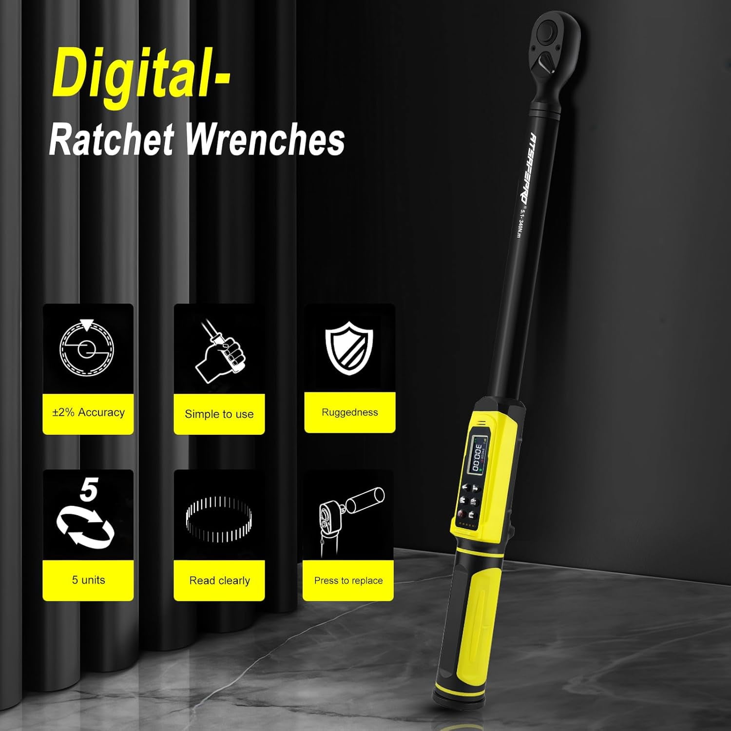 Digital Torque Wrench-1/2-Inch Drive & 5.1-340Nm (3.8-250.8 ft-lb), Heavy Duty Torque Wrench with Buzzer, 5 Units, ±2% Accuracy for Trucks & Machinery