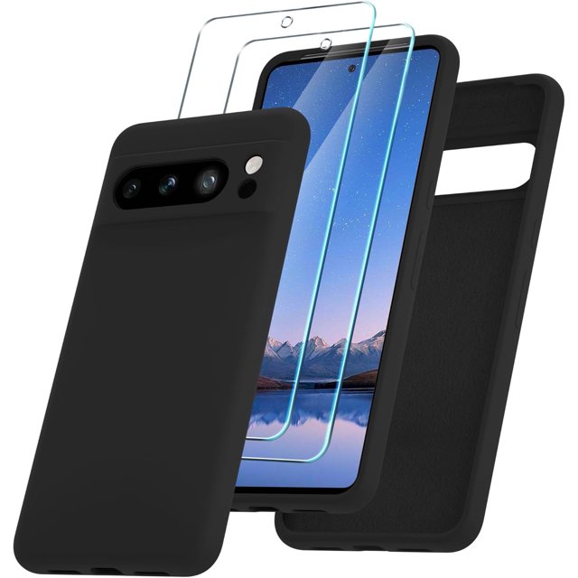 KOMI for Google Pixel 8 Pro Case, Silicone Phone Case with 2 Screen Protector, Soft Anti-Scratch Microfiber Lining, Full Body Shockproof Slim Cover Support Wireless Charging, Black