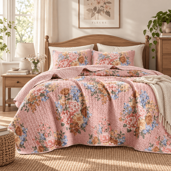 Regency Heights Quilt Set Full/Queen Size, Blush Floral Bedspread, Reversible Coverlet Set, 3-Piece Quilted Bedding Set with Shams for All Season