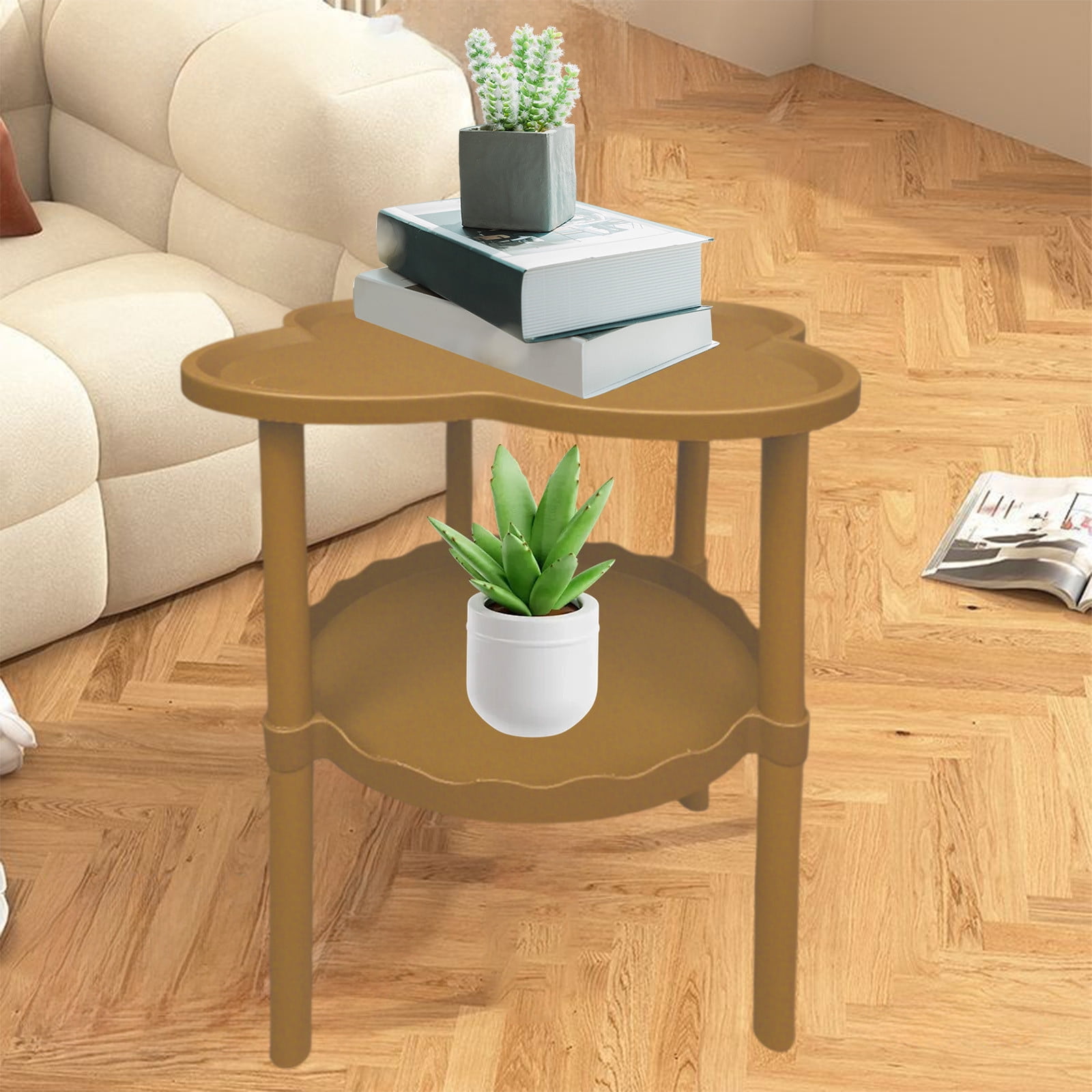 Movable Four Leaf Clover Shape Storage Side Table, Wheeled Sofa End Table Living Room Snack Table with Cloud Shelf, Flexible Storage Solution for Compact Spaces and Modern Home Living
