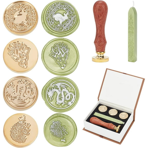 Sealing Wax Stamp Kit 4PCS Wax Seal Stamps Heads with 1 Wooden Handle with Sealing Wax Stick Green in Gift Box DIY