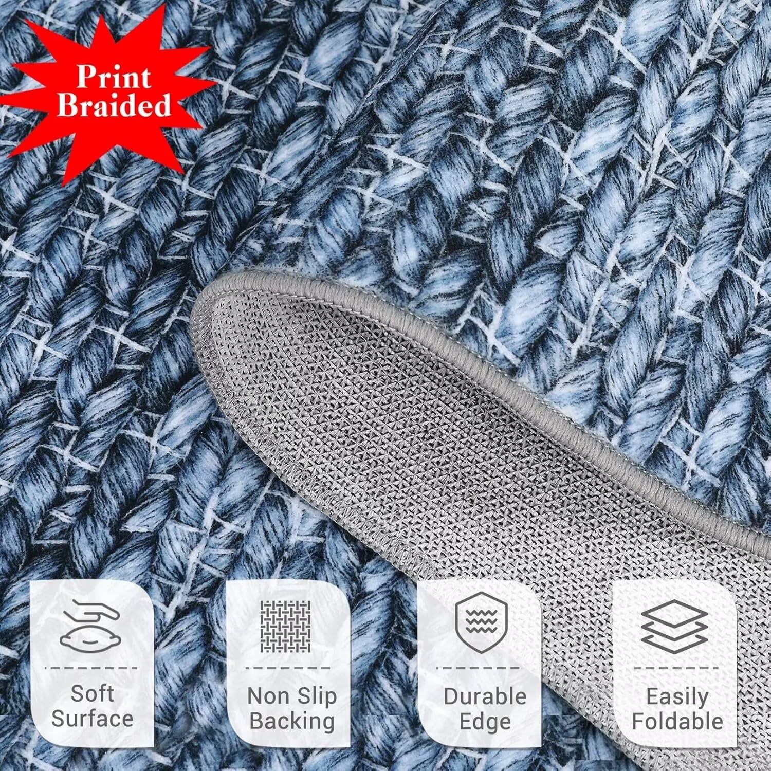 Hasoo Area Rug 9' x 12' Rugs for Living Room Chic Imitation Braided Print Soft Velvet Rug Non Slip Carpet for Bedroom, Navy