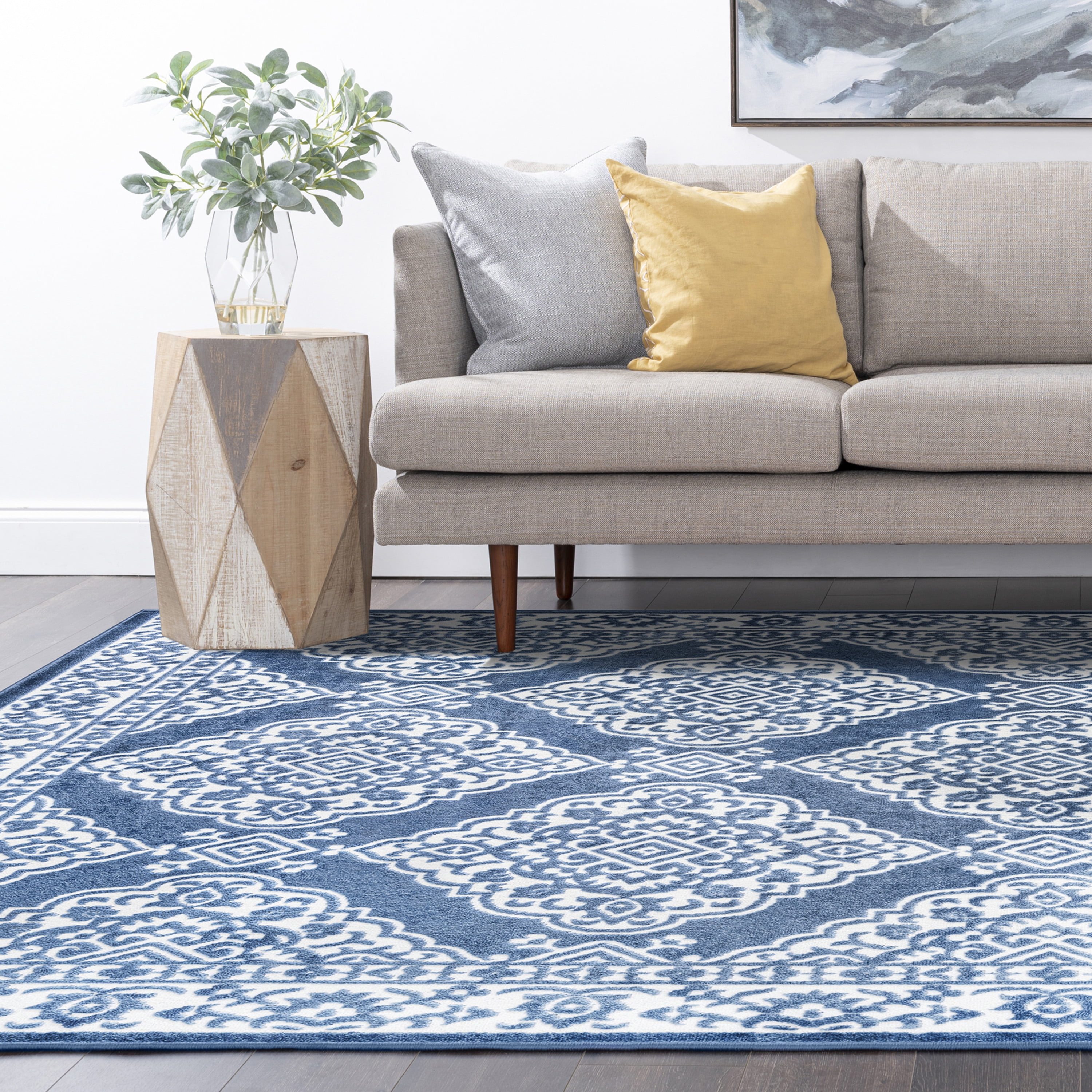 Transitional 2x8 Area Rug (2'3'' x 7'3'') Floral Blue, White Indoor Runner Easy to Clean