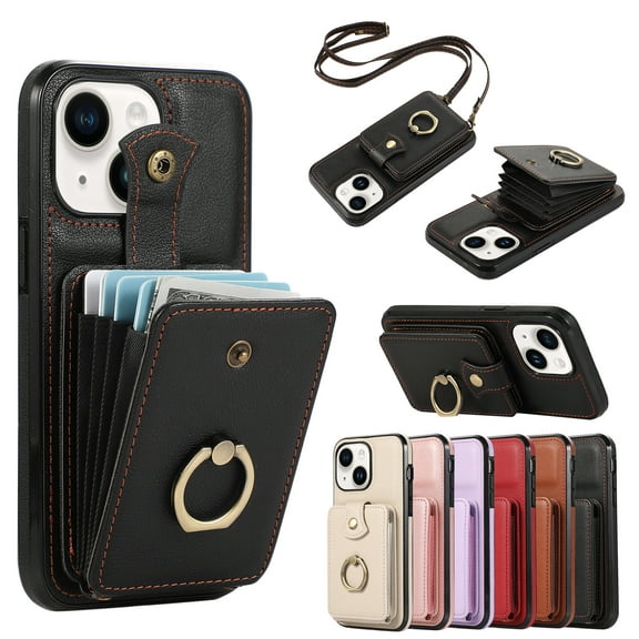 for iPhone 13 Wallet Case with Card Holder, PU Leather Case with Ring Holder Kickstand, Snap Button Card Slots Case for Women Men for iPhone 13 with Crossbody Strap - Black