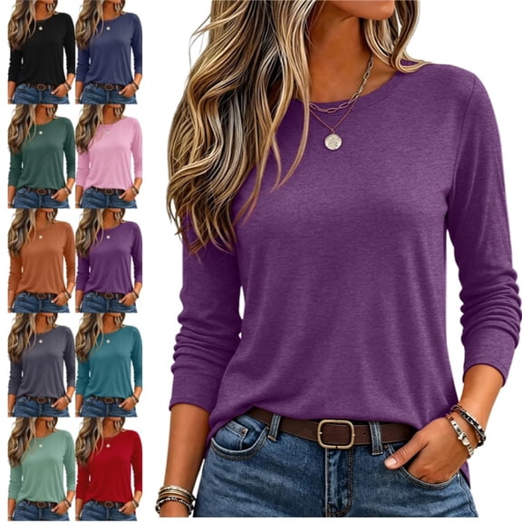 Womens Shirt Long Sleeve Tops Crew Neck Spring Loose Casual Tshirts Basic Fall Tunic Tops 2026 Purple M