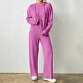 thumbnail image 2 of hoksml Women's Ribbed Knit Hooded Tracksuit 2 Piece Outfit, V Neck Long Sleeve Top and Wide Leg Pants Casual Loungewear Set, 2 of 8