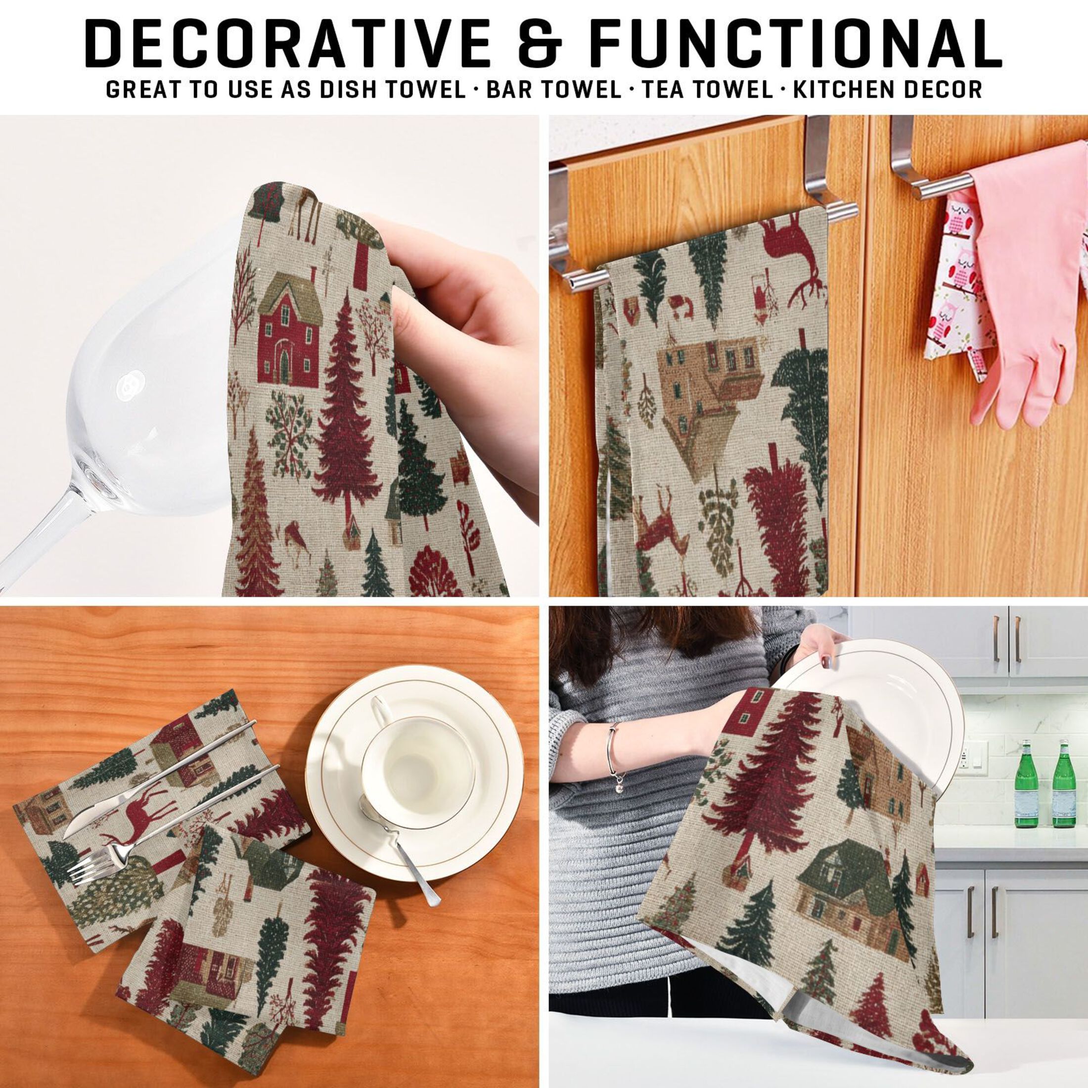 6 Pack Printed Kitchen Dish Towels Soft and Absorbent Dish Cloths Washing Drying Dishes Christmas Trees Deer and Houses