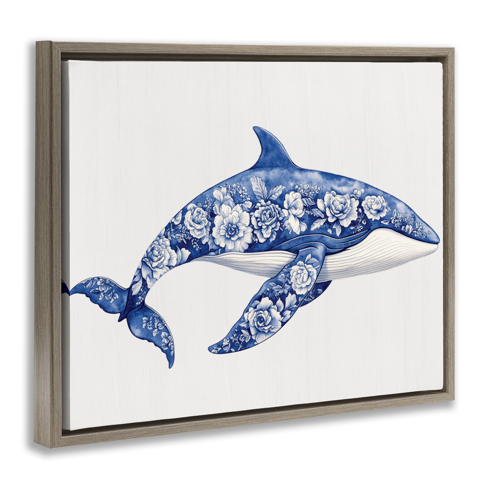 Floral Toile Whale Brown Framed Floater Canvas Wall Art, design by Lettered and Lined