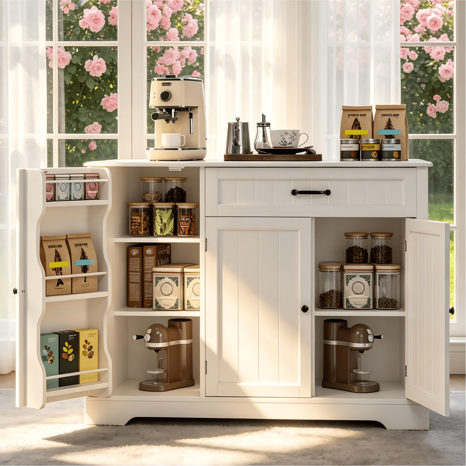 Coffee Bar Cabinet, Lofka 42" Farmhouse Kitchen Storage Sideboard Buffet Cabinet with 8 Shelves & 1 Drawer, Multifunctional Console Table for Dining Room Living Room Entryway Home Coffee Station, Whi