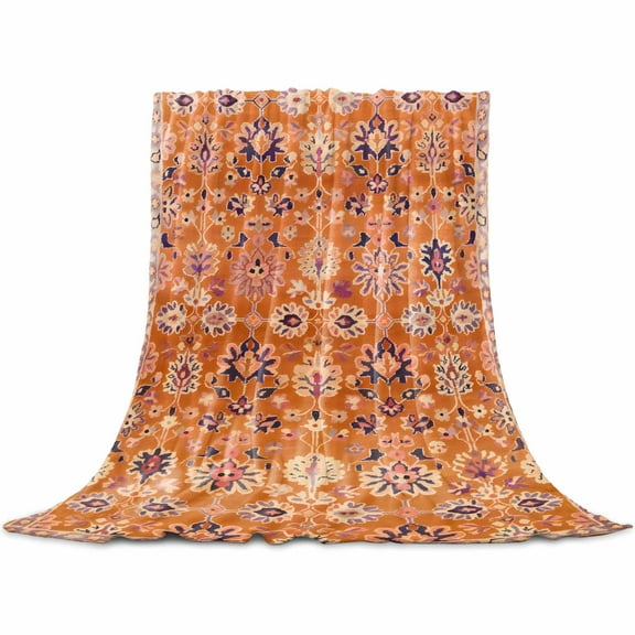 Boho Orange Flannel Blanket for Bed, Country Style Bohemian Floral Retro Tribal Soft Cozy Warm Couch Throw Blanket, Lightweight Fluffy Plush Bedding Blankets for Sofa Decor All Season 30"x40"