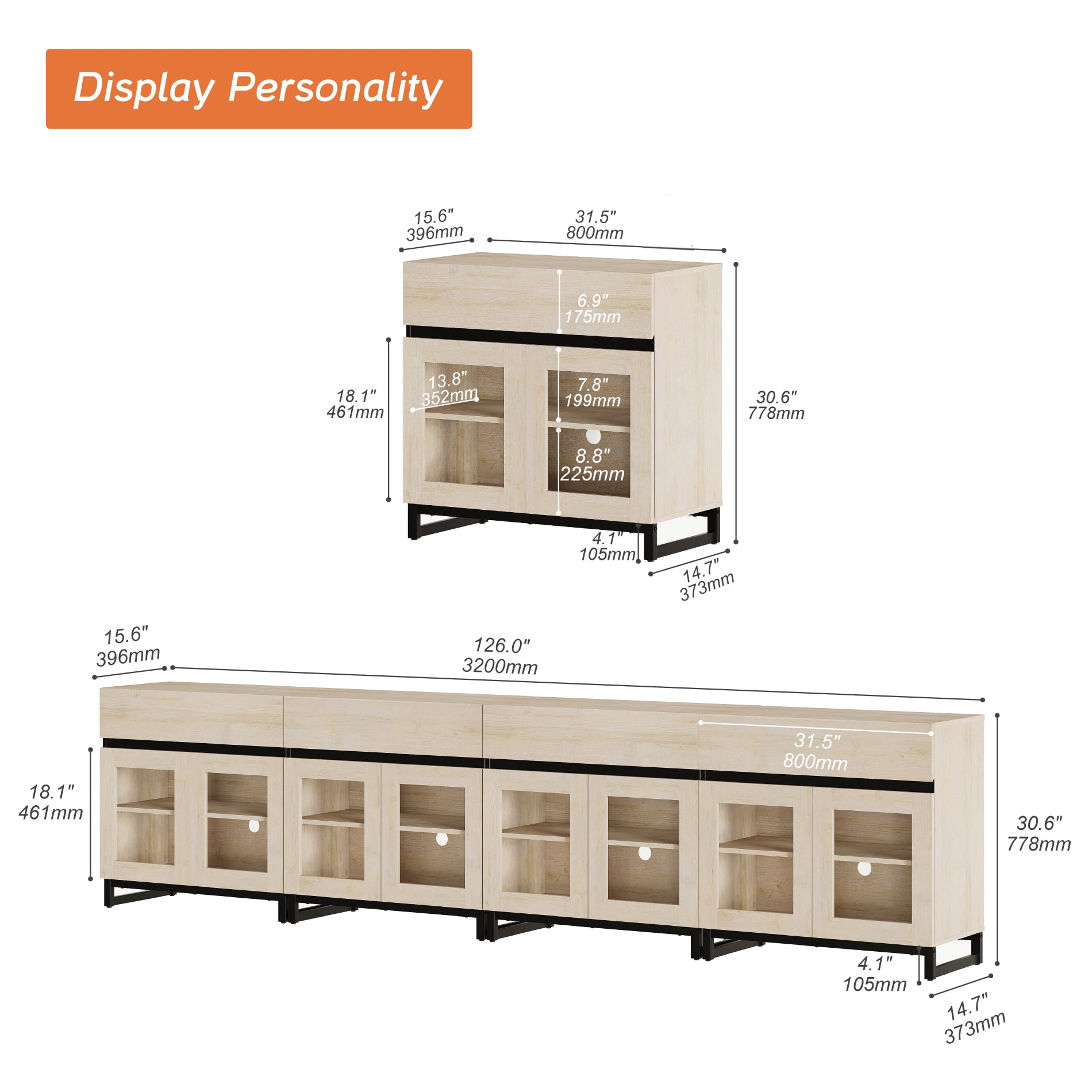 4-in-1 Modern TV Stand with Glass Doors & 4 Drawers, Metal Base Entertainment Center for 120 Inch TVs, Media Console for Living Room & Bedroom,Beige