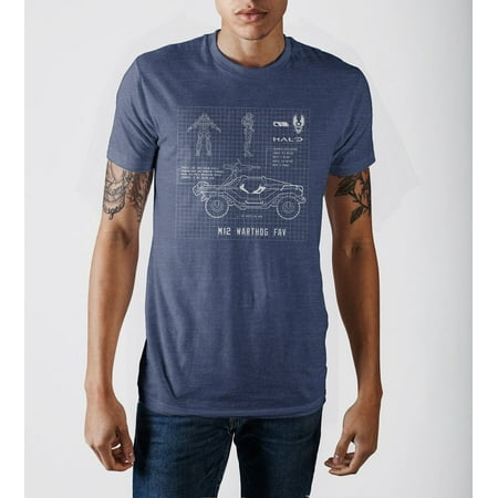 - Halo Warthog Blueprint Design Men’s Navy Blue Graphic Print T-Shirt-Small