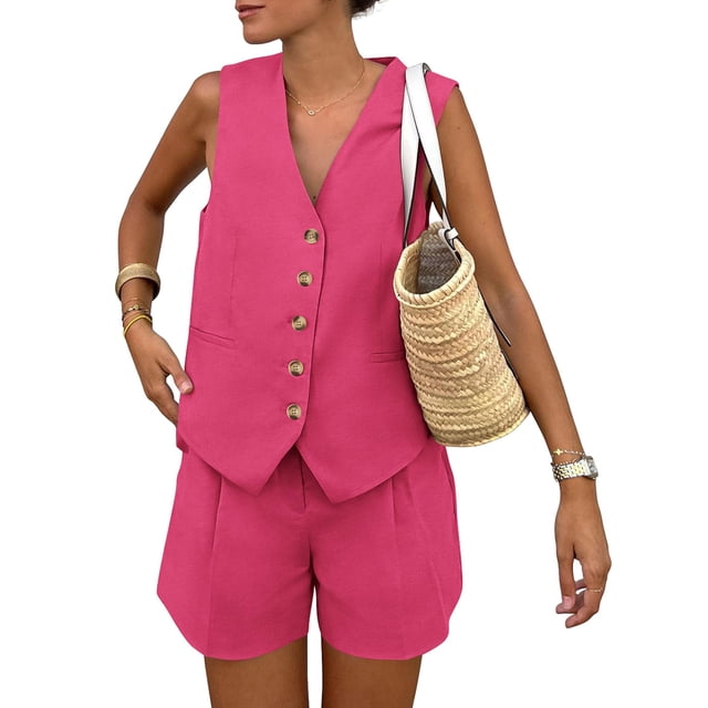 Conjunto de 2 Piezas PRETTYGARDEN Chaleco y Shorts Rojo Rosa M