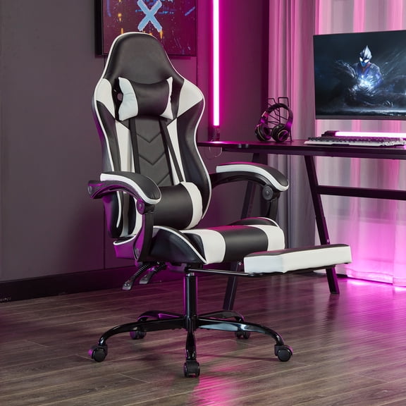 Youmumeub Ergonomic Gaming Chair with Footrest & Massage Lumbar, High Back PU Leather Computer Desk Chair, Reclining Racing Style Video Game Chair for Adults, Black White