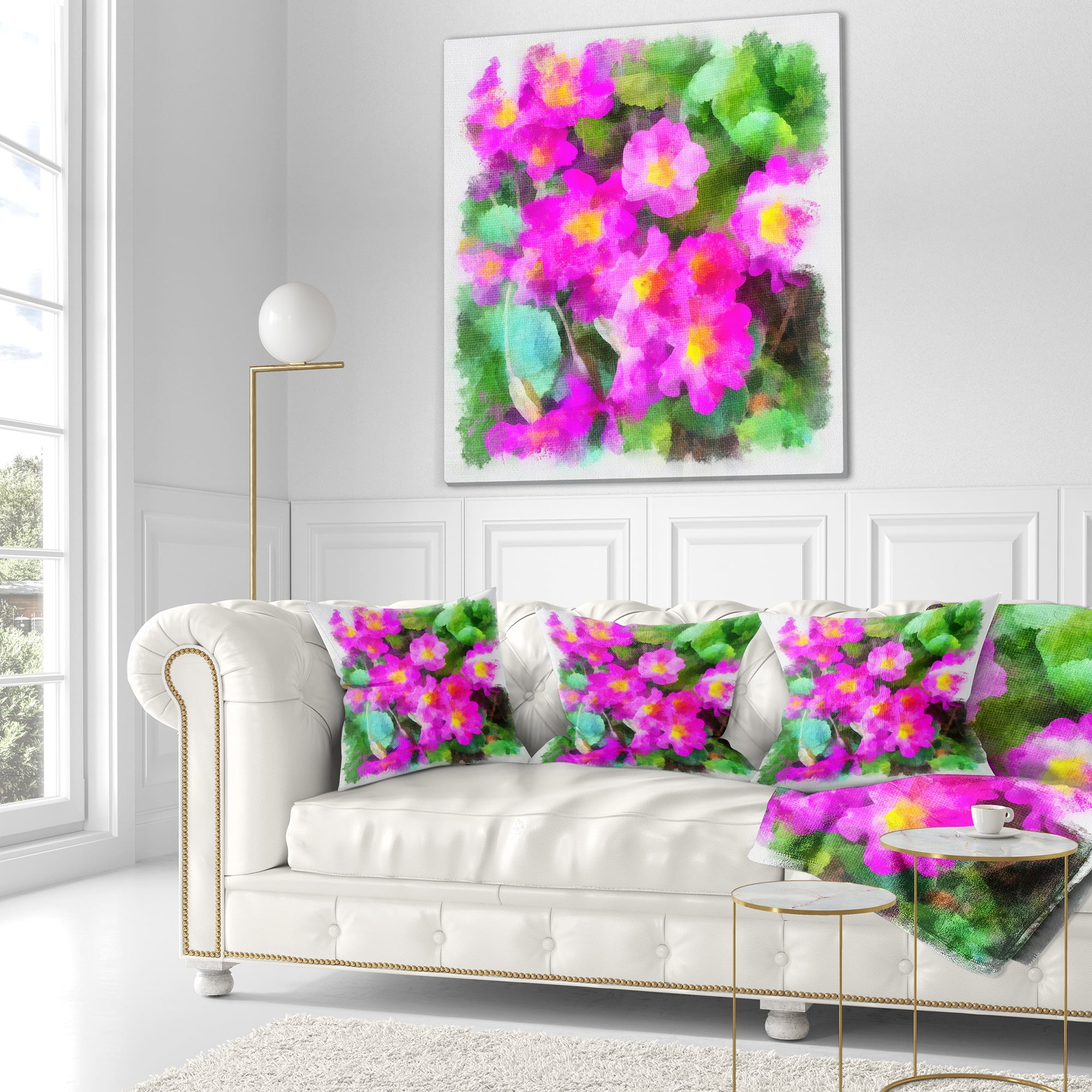 Designart Pink Little Flowers with Green Leaves - Floral Throw Pillow - 18x18
