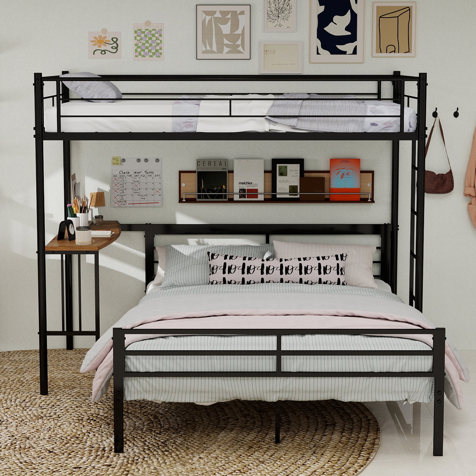 Mintazer Twin Over Full Metal Bunk Bed with Desk, Bunk Bed Frame with Guardrails and Ladder for Bedroom Dorm Apartment, Black