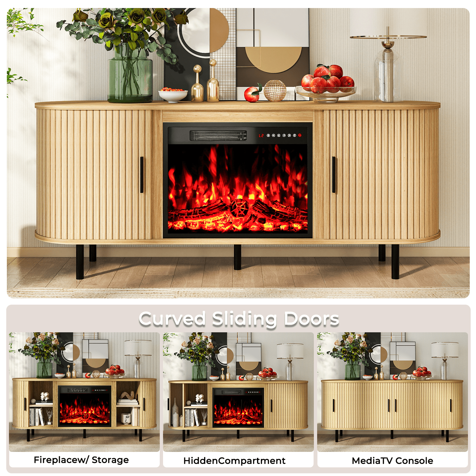 Rocyis 65" Modern Fireplace TV Stand for TVs Up to 75'', Fluted Entertainment Center with Electric Fireplace, Media Console Cabinet for Living Room, Natural Oak