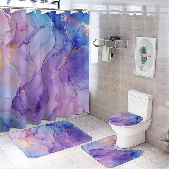 4Pcs Purple Marble Wavy Shower Curtain Sets with Rugs, Toilet Lid Cover and Bath Mat, Abstract Moire Art Deco Bathroom Shower Curtains Set with 12 Hooks