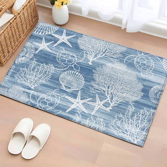 Blue Coastal Entryway Rug 2'x3' Non Slip Front Door Mats, Nautical Coral Starfish Shell Turtle Summer Entrance Rugs Indoor Outdoor Carpet, Washable Floor Mats Small Area Rug for Bedroom Kitchen