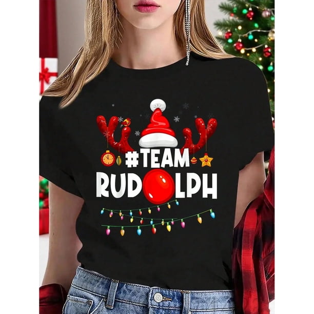 Playera de Mujer Navideña Alegre Equipo Rudolph-Camiseta con Diseño Divertido de Disfraz de Reno