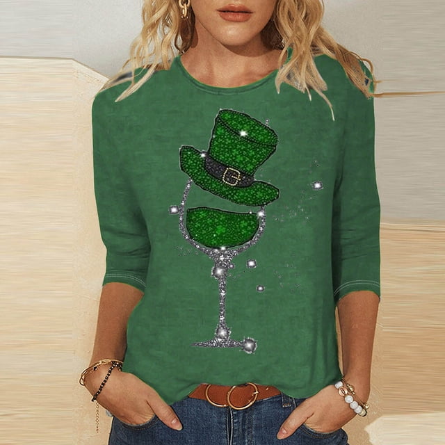 Meichang Hauts à Manches 3/4 pour Femmes St Patricks Day Chemises T-Shirts à Imprimé Irlandais Porte-Bonheur T-Shirts de Fête Col Rond Hauts Irlandais Porte-Bonheur Liquidation de Printemps