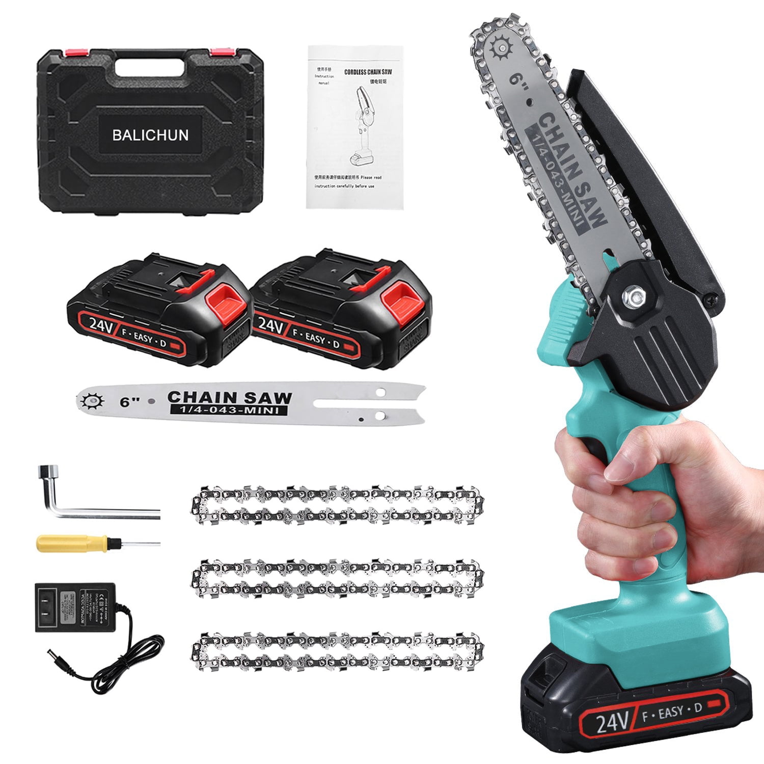 2 Batteries 2 Chains FOONSEN Mini Chainsaw battery powered Chainsaw for Wood Cutting 4“ Hand held Cordless Chain saw Tree Branches Shears Pruning