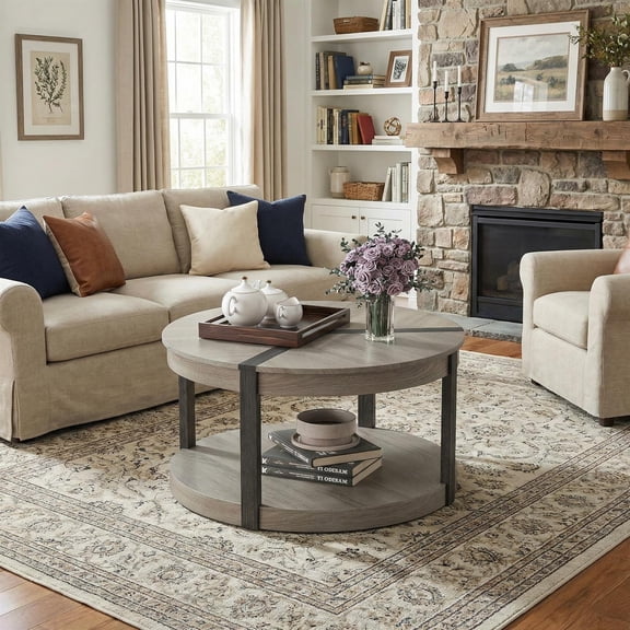 Demi Bonn 34.5" Rubber Wood Round Coffee Table, 2-Tier Spacious Tabletop Storage Shelf, Gray