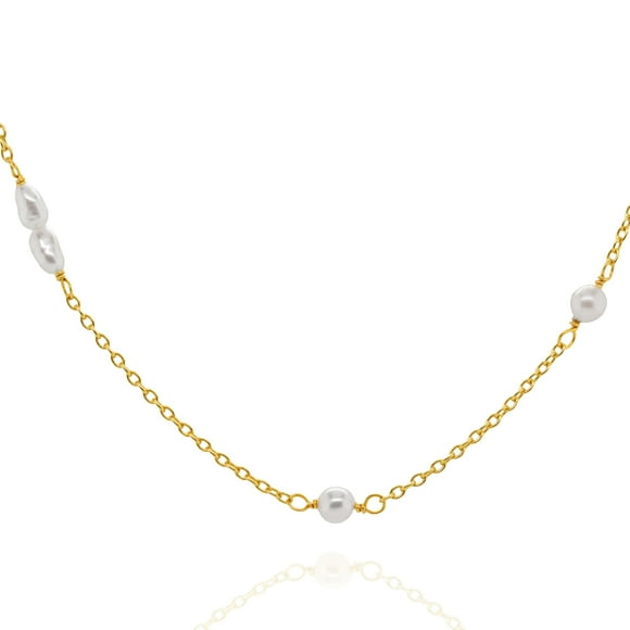 Mercie Collier Station en Argent Sterling Vermeil Or avec Perles, Chaîne à Perles, 18 Pouces, Usage Quotidien