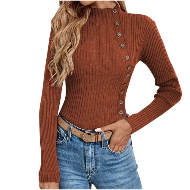 Suéter de cuello alto para mujer, suéter informal de invierno de moda, suéter de manga larga con botones sólidos, suéter de cuello alto, tops de poliéster para mujer