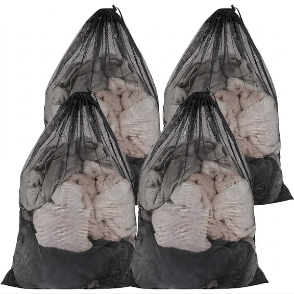 4 Pack 24" x 36" Heavy Duty Large Drawstring Mesh Laundry Bags, Black for Dorm Travel Home
