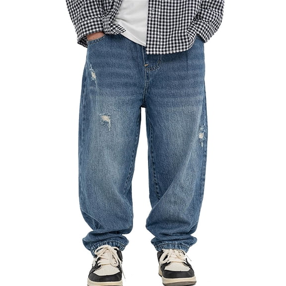 ZXLBBD Boys Distressed Denim Pants for Trousers with Rip Details and Fall Long Jeans for Kids Youth Teenager Fashion Casual Daily Wear,Blue,Size 5 Y-6 Y