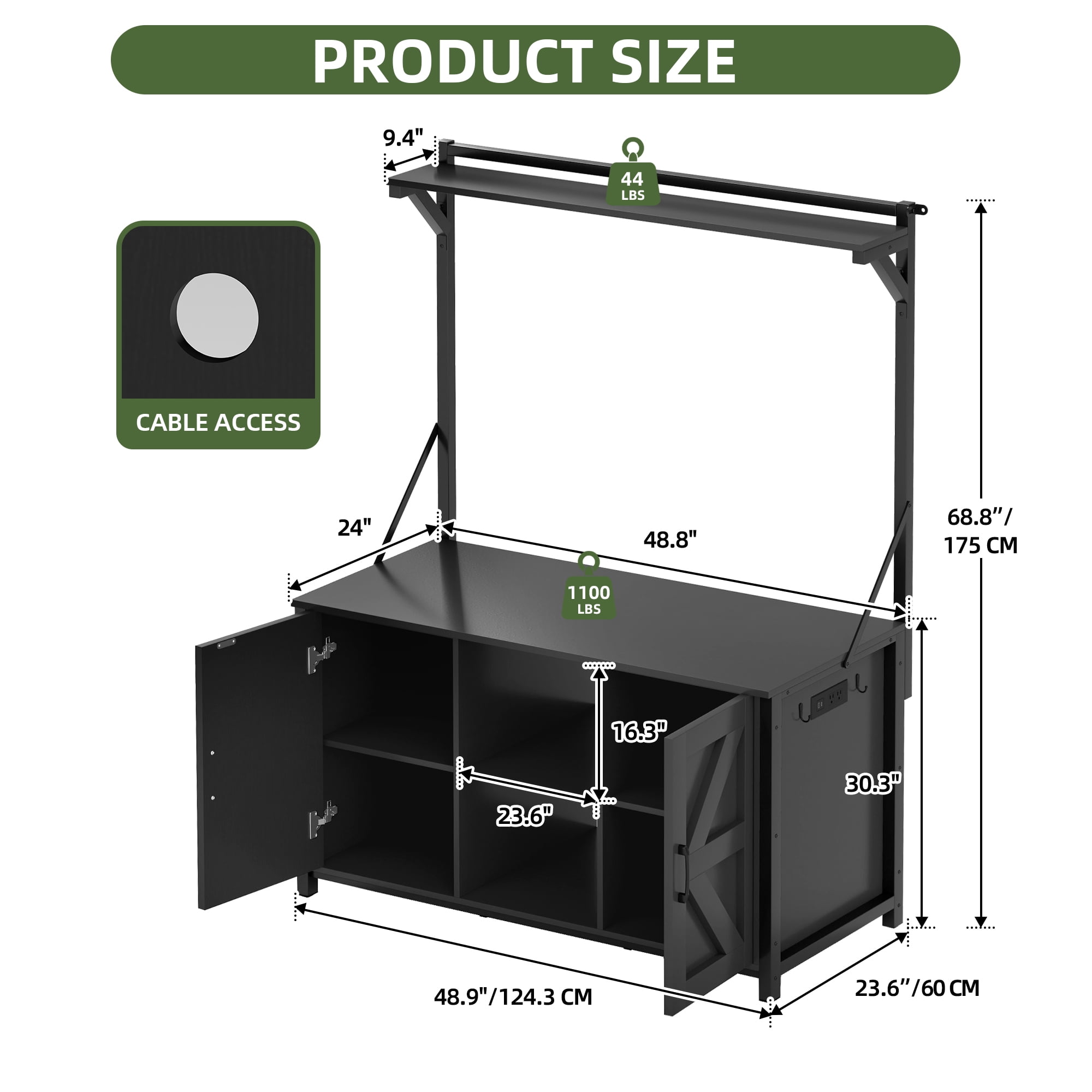 Uforic 120 Gal Fish Tank Stand w Shelf and Cabinet, 1100 Lbs Capacity, Power Outlets, Metal, Black