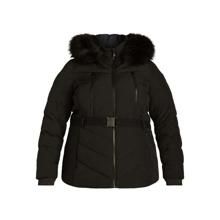 F.O.G. Women's and Women's Plus Belted Puffer with Faux Fur Hood, Sizes S-3X
