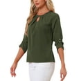 thumbnail image 5 of CURVOSPORT Women's Dressy Shirt Work Office Top Keyhole Pleated Front Ruched 3/4 Sleeve Chiffon Blouse L Army Green, 5 of 7