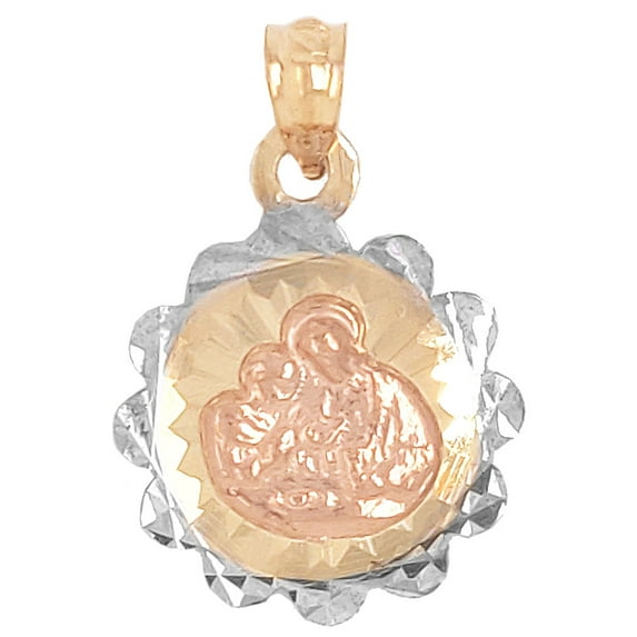 14k Tricolor Gold, Communion Confirmation Medal Pendant Religious Charm Oval 16mm with 16" Dainty Neck Chain