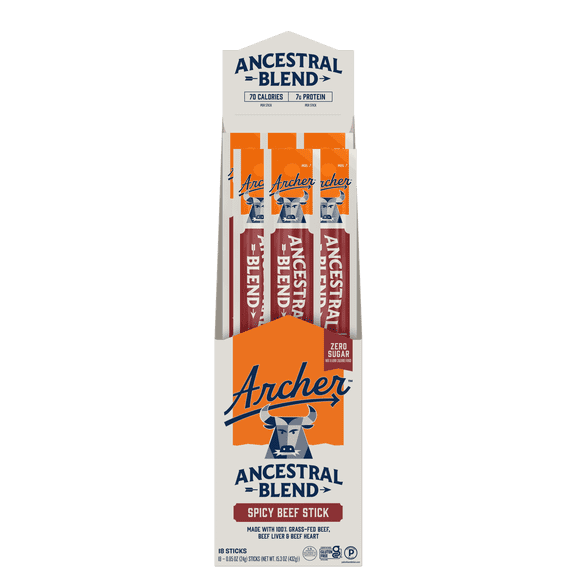 Archer Spicy Ancestral Blend Beef Sticks, 0.85 oz Each, 18-Count, Grass-Fed   Organ Meats, Gluten Free, Zero Sugar