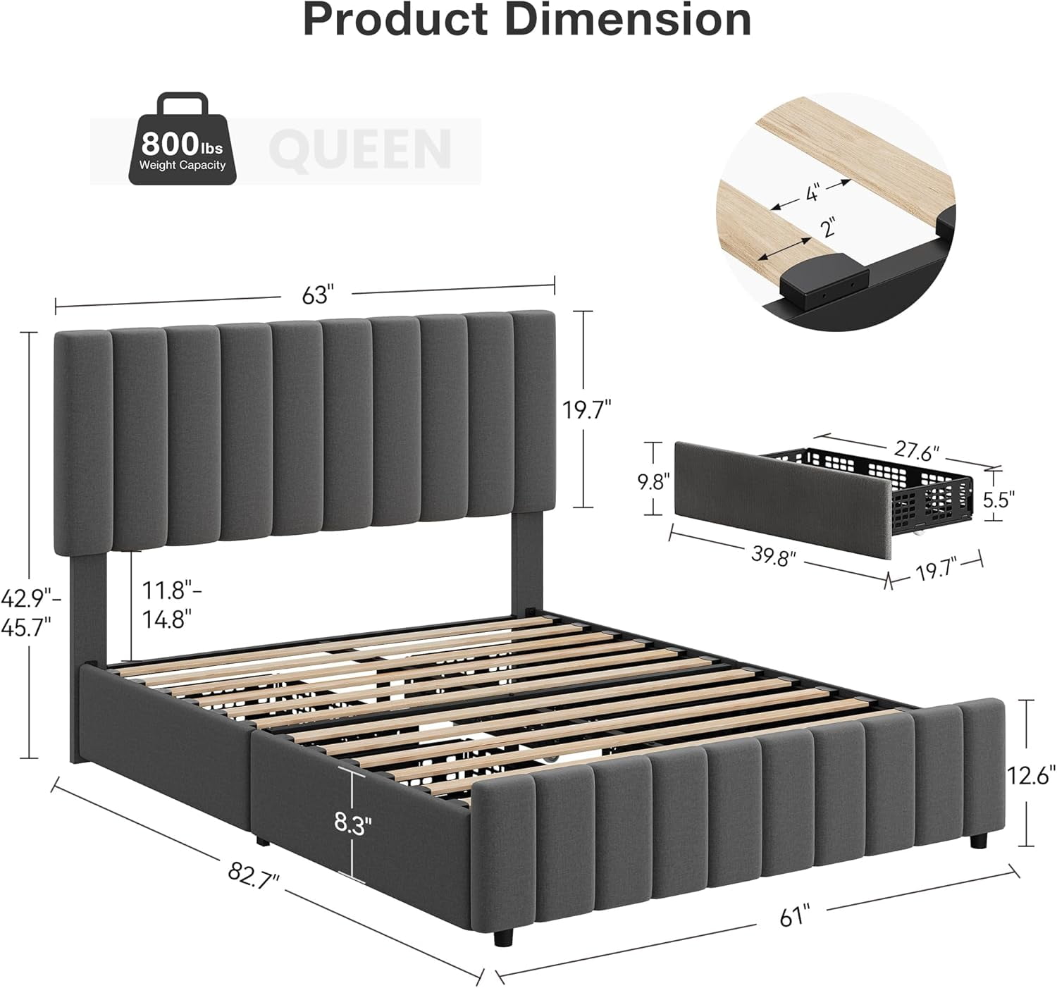 Hetoy Queen Size Bed Frame with 4 Storage Drawers and Adjustable Headboard, Linen Upholstered Platform Bed Frame with Wooden Slats Support, No Box Spring Needed, Dark Grey