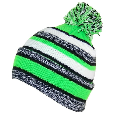 Best Winter Hats Quality Striped Variegated Cuffed Beanie W/Large Pom (L/XL) - Black/Neon (Best Quality Trucker Hats)