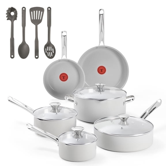 T-fal Cook & Strain 14 Piece Nonstick Cookware Set, Pots and Pans, Light Grey