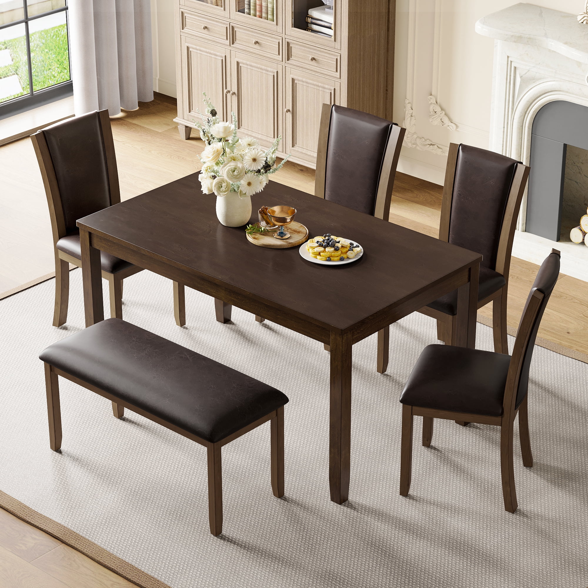 Leumius 6 Pieces Dining Table Set,Wood Dining Table Set with 4 Upholstered Leather Chairs and a Bench,Kitchen Dining Set for 6,Wooden Dining Furniture Sets for Kitchen, Dining Room,Dark Walnut
