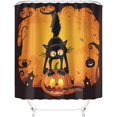 thumbnail image 2 of Juego de 4 cortinas de ducha con diseño de calabaza y gato negro con alfombras antideslizantes, tapa de inodoro y accesorios para alfombrilla de baño, juego de cortinas de baño de Halloween con 12 ganchos, ducha lavable e impermeable ER, 2 of 5