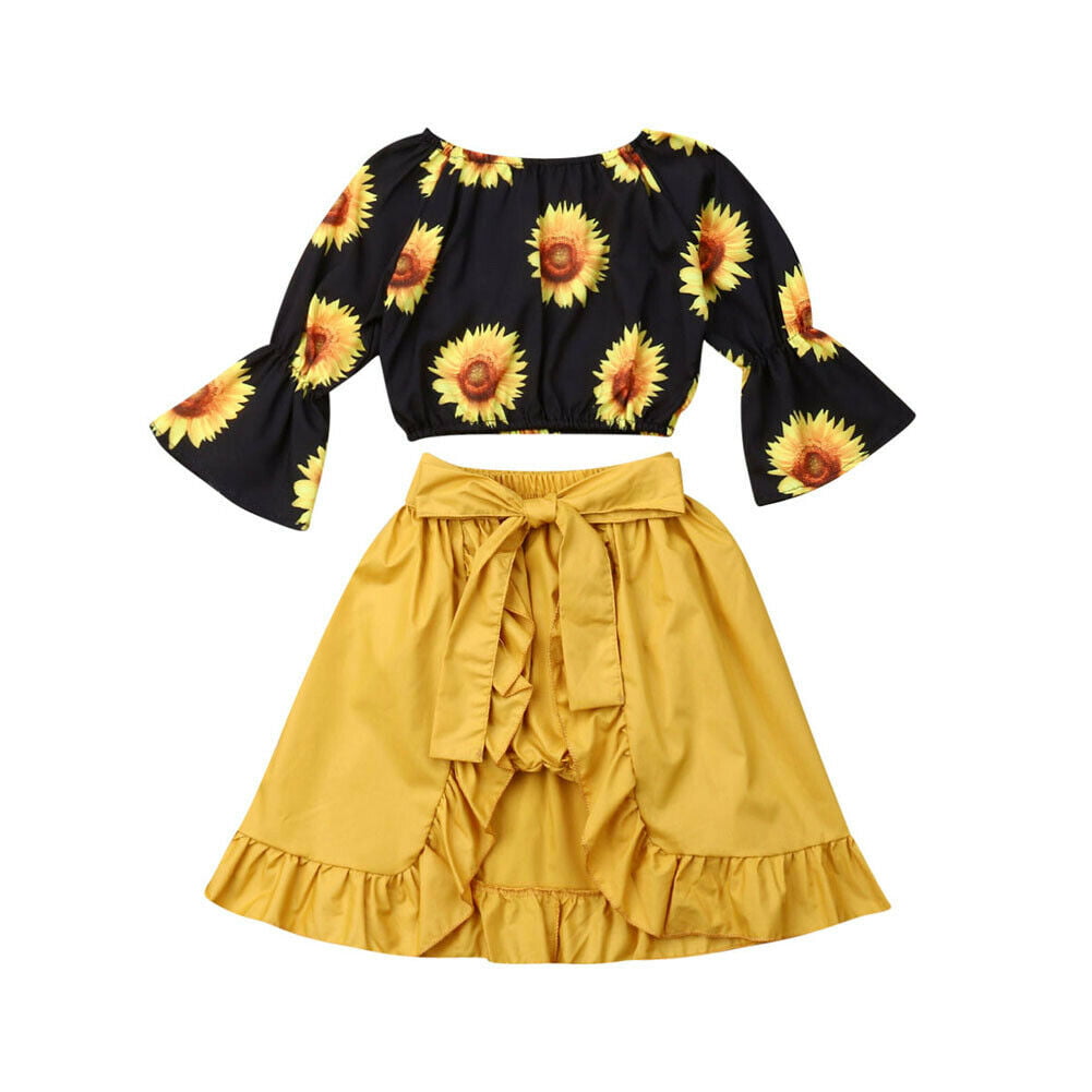 Summer Kid Baby Girl Clothes Solid Tops Crop Sunflower Dress 2PCS Outfit Sunsuit 