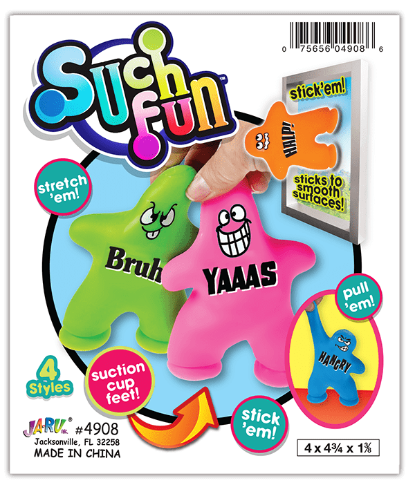 Ja-Ru Suction Cup Squish Dude assorted colors and sayings, child age 3 and up, Fidget novelty toy, TPR material super stretchy