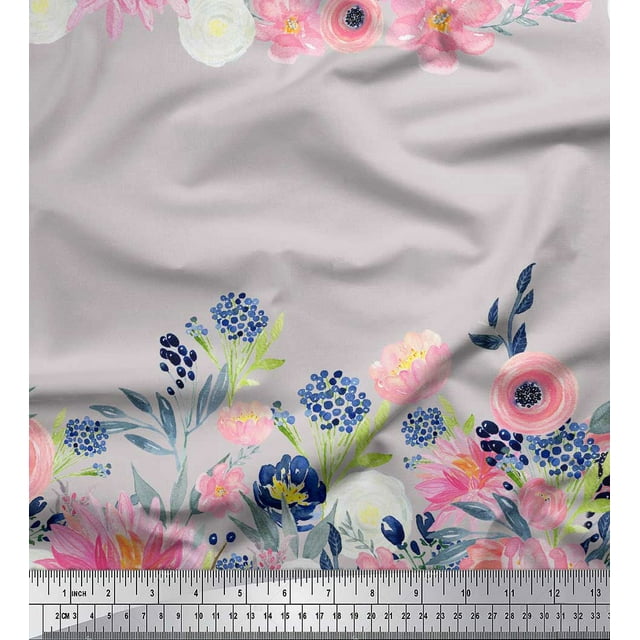 Soimoi Tissu en Voile de Coton Gris Ranunculus & Chrysanthème Imprimé Floral au Mètre 42 Pouces de Large