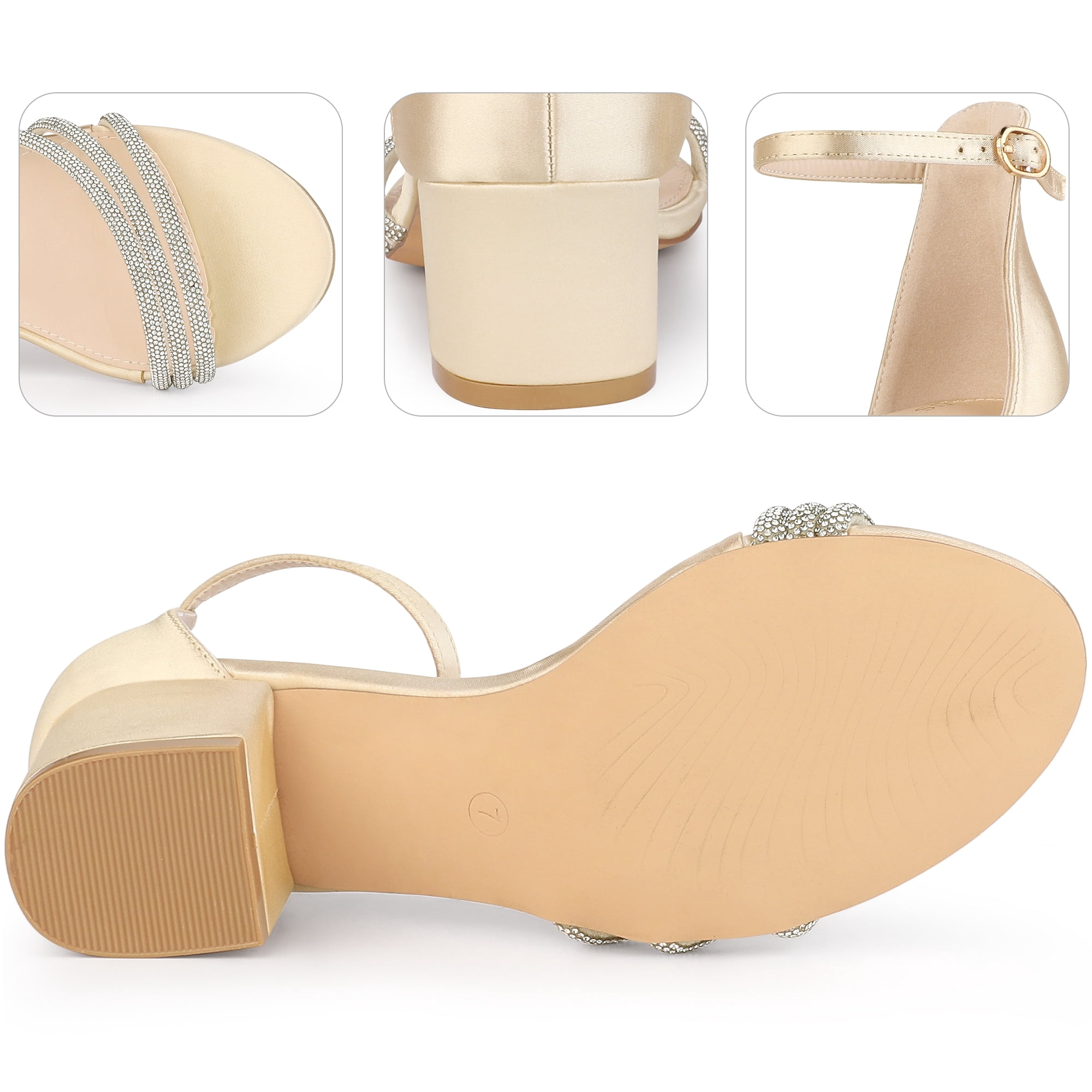DARING DIVA Satin Rhinestones Open Toe Chunky Heel Sandals for Women Champagne 7.5